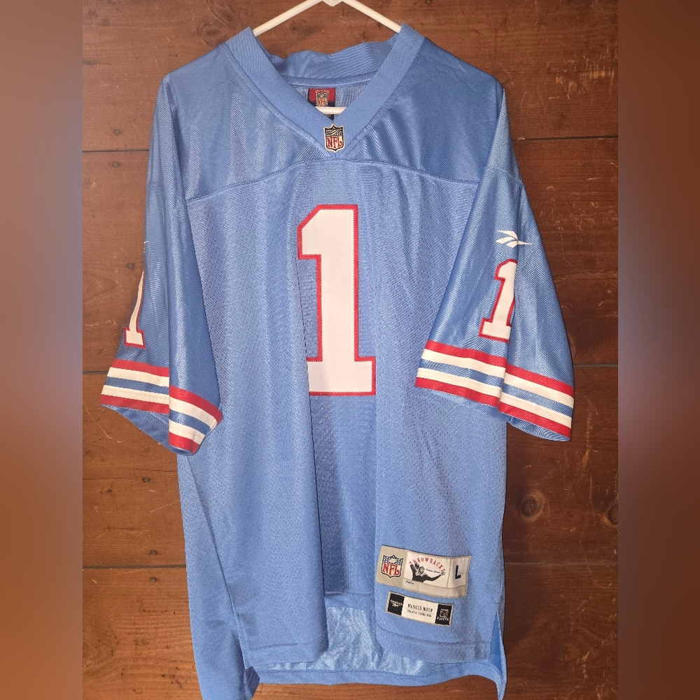 NWT Warren Moon NFL Reebok Light Blue Jersey with Red and White Stripes. Size L